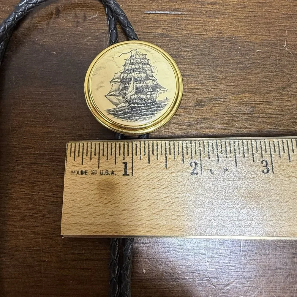 Stephen Barlow Ship Bolo Tie Nautical Scrimshaw Style Vintage Brass Gold Tone